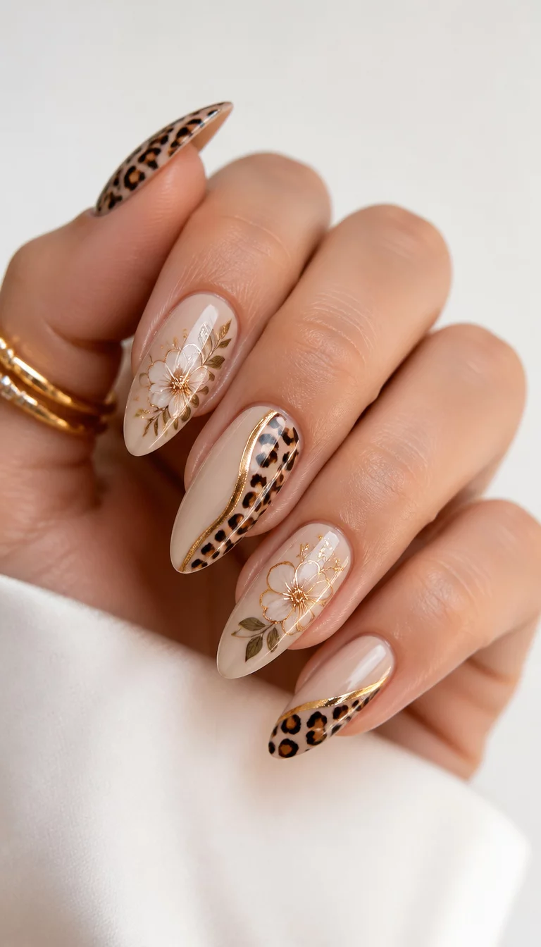 close-up shot of a woman’s hand with five fingers showing almond-shaped nails with beige bases featuring leopard print accents, floral decals, and gold metallic designs, elegant white background.