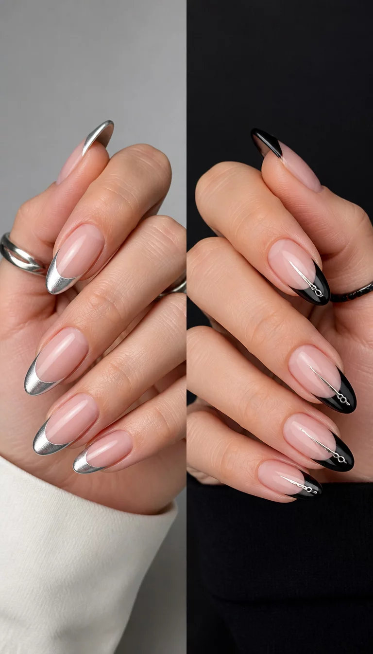 close-up shot of a woman’s hand with five fingers showing almond-shaped French tip nails with a silver metallic tip on one hand and a black tip with small clock hands on the other, dual-toned background.