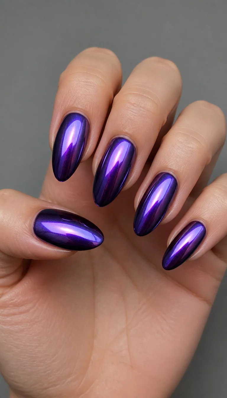 Iridescent Purple Chrome close-up shot of a woman’s hand with five fingers showing nails with almond-shaped nails with a stunning iridescent chrome finish in a deep purple hue, plain neutral gray background.