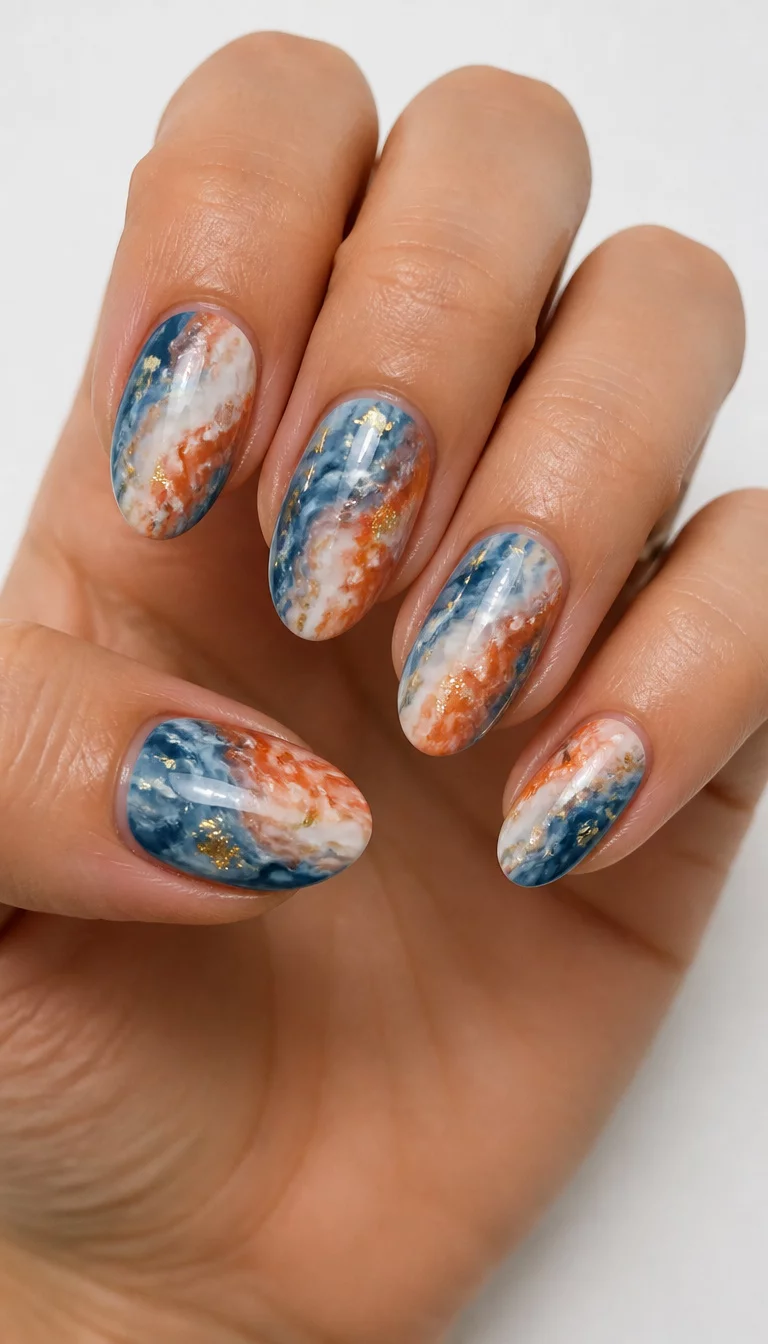 Marbled Earth and Sky close-up shot of a woman’s hand with five fingers showing nails with oval-shaped nails with a marbled design of blue, white, and reddish-orange, accented with gold flakes, plain white surface.