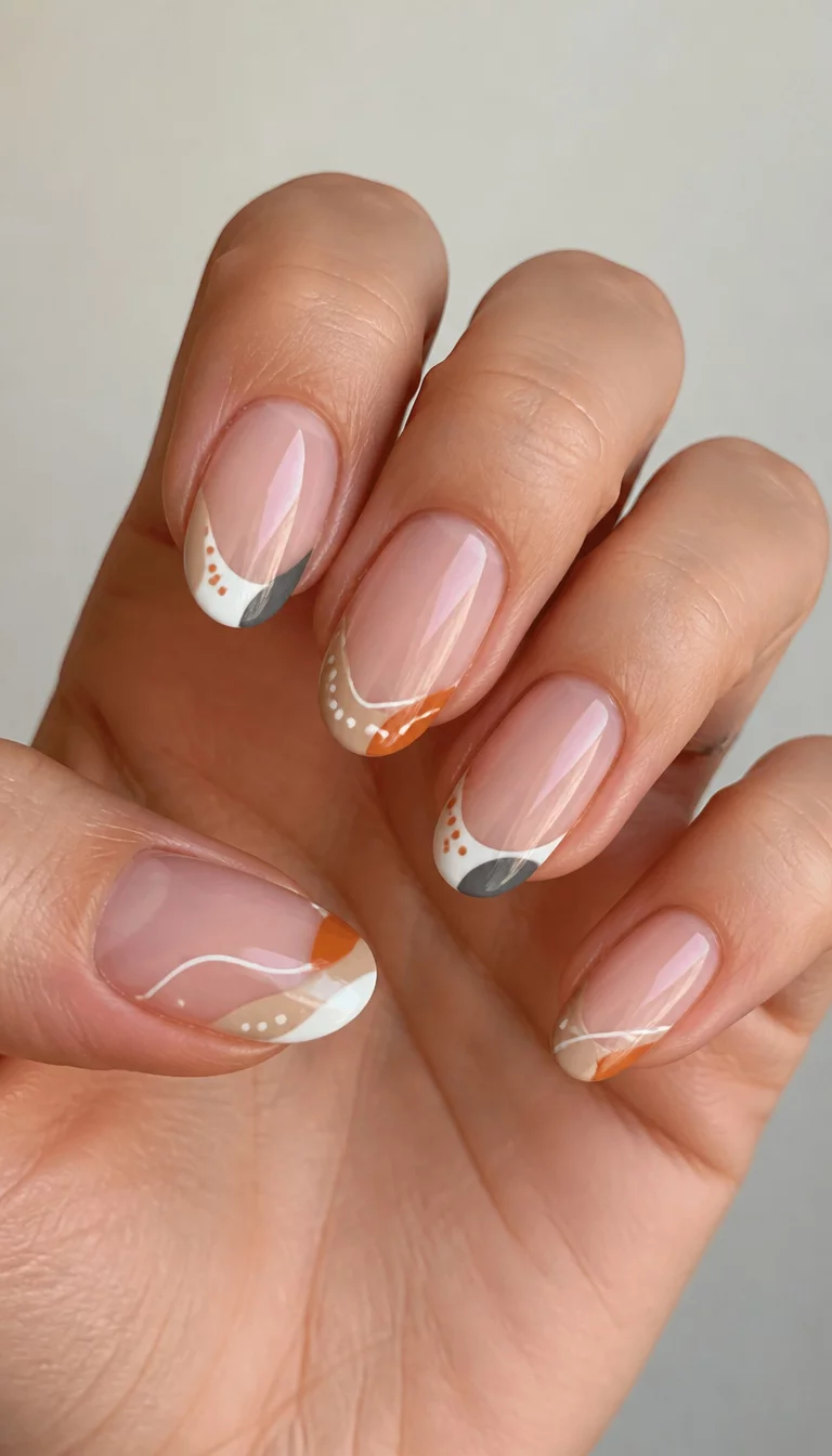 Abstract Harvest Tips close-up shot of a woman’s hand with five fingers showing nails with oval-shaped nails with a French tip design featuring abstract patterns in beige, white, orange, and grey, plain neutral surface.