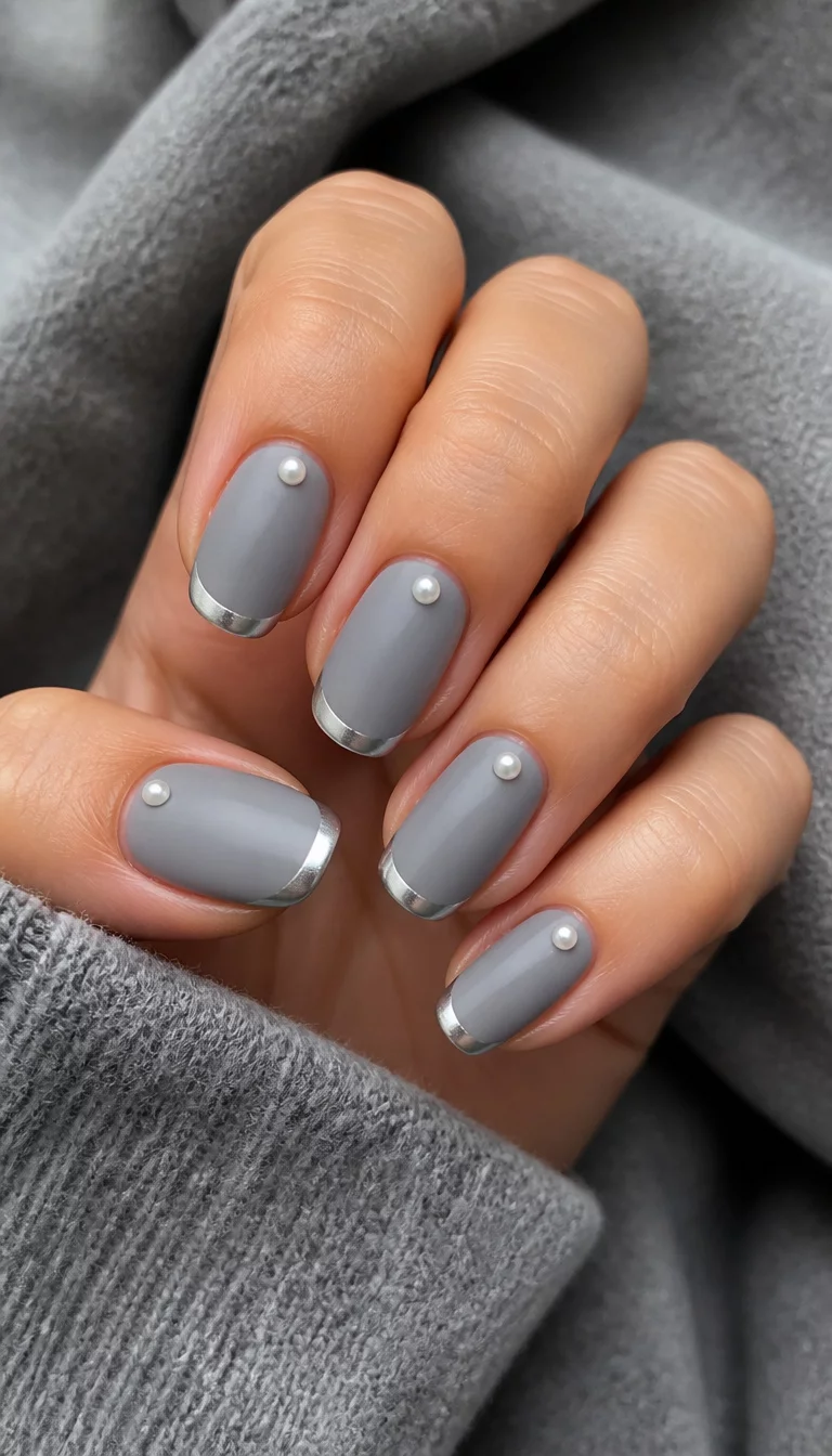 The Matte Pearl Grey close-up shot of a woman’s hand with five fingers showing nails with chic matte grey nails with a silver French tip and a single pearl accent on each, soft, textured grey fabric background.
