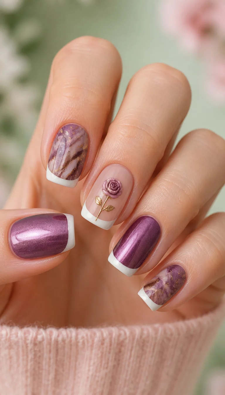 Floral Metallic Fusion close-up shot of a woman’s hand with five fingers showing nails with metallic purple, marbled brown, and rose-decorated designs with classic French tips, soft abstract light green and pink background.