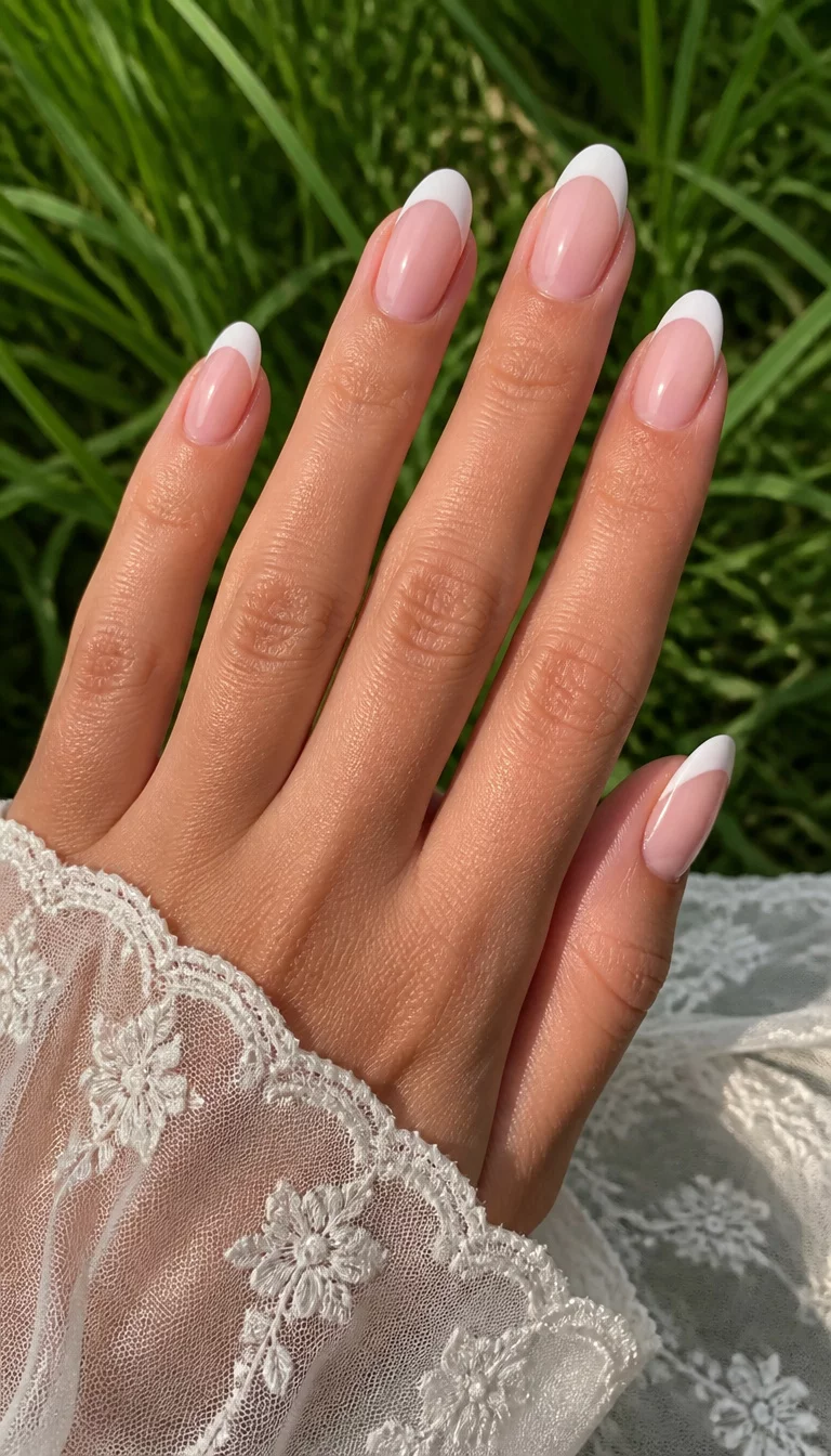 Bridal Autumn French close-up shot of a woman’s hand with five fingers showing nails with almond-shaped, light pink gel nails with classic French tips, green grass and sheer lacy fabric background.