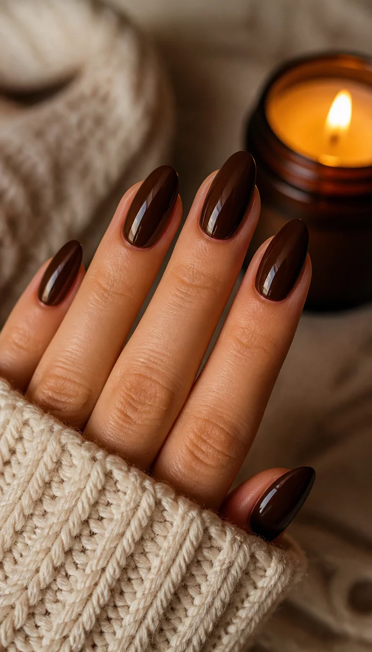 Glossy Chocolate Ganache close-up shot of a woman’s hand with five fingers showing nails with glossy, deep chocolate brown almond-shaped nails, soft and cozy background with a knitted sweater and a lit candle.