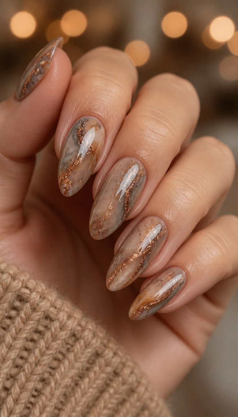 Copper Bokeh Marble close-up shot of a woman’s hand with five fingers showing nails with almond-shaped nails with a marble and glitter design in copper, grey, and tan tones, softly blurred warm bokeh lights background.