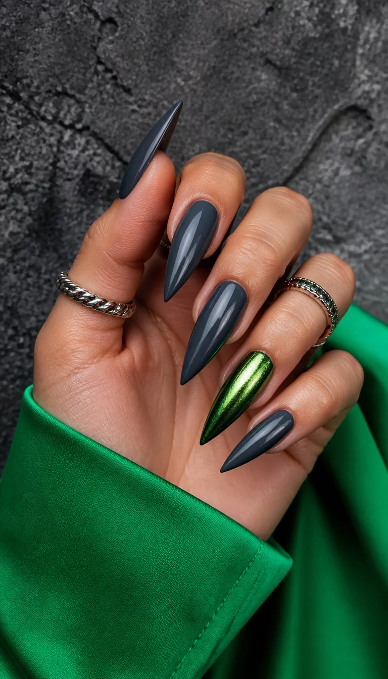Metallic Kryptonite Stilettos close-up shot of a woman’s hand with five fingers showing nails with sharp stiletto nails in deep grey with a metallic green accent on one finger, bright green outfit and textured background.