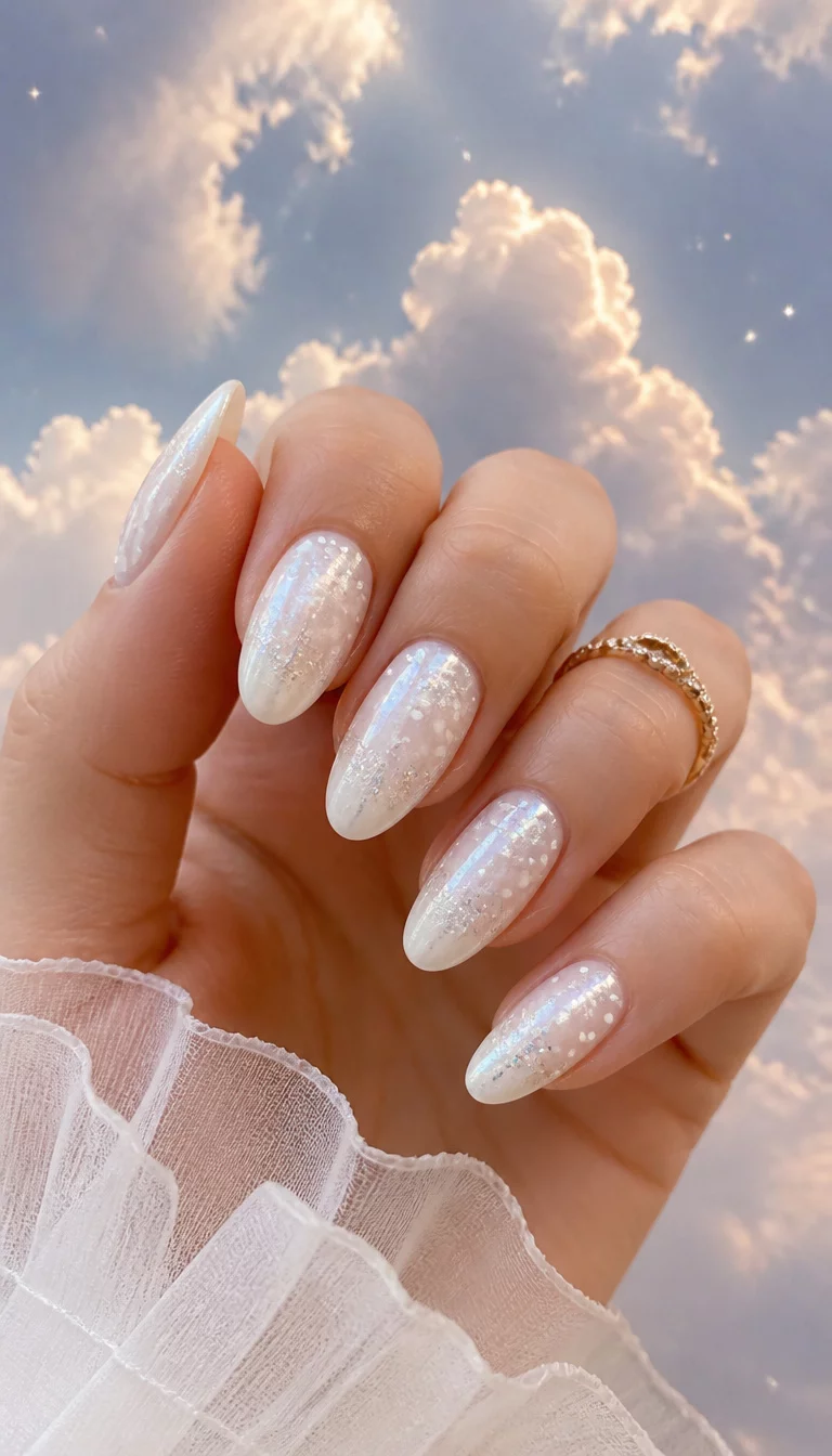 The Cloud Dancer close-up shot of a woman’s hand with five fingers showing nails with almond-shaped pearl white nails with polka dots and glitter accents, cloudy ethereal sky background.