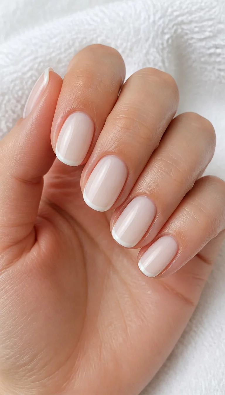 Milky Minimalist Spa close-up shot of a woman’s hand with five fingers showing nails with elegant oval-shaped short nails with a milky white polish and subtle French tips, soft white towel background.
