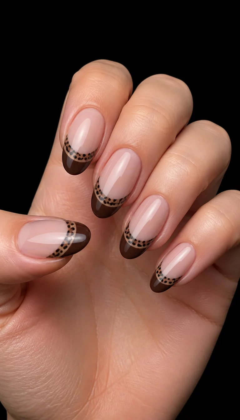 Leopard French Tips close-up shot of a woman’s hand with five fingers showing almond-shaped nails with a chic brown French tip and leopard print design, plain black background.