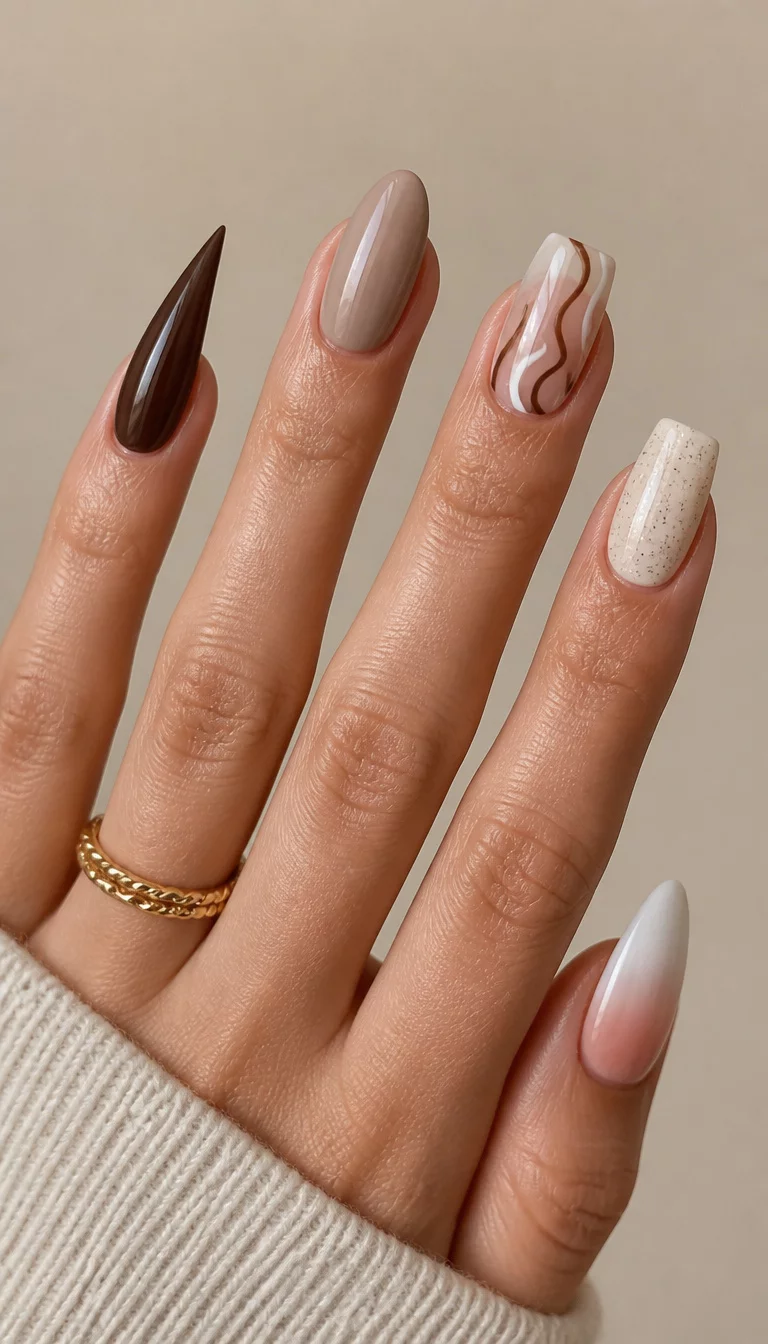 The 2026 Variety Pack close-up shot of a woman’s hand with five fingers showing nails with different shapes like stiletto, oval, and square, with designs ranging from classic solid colors to abstract art and ombre effects, neutral beige background.