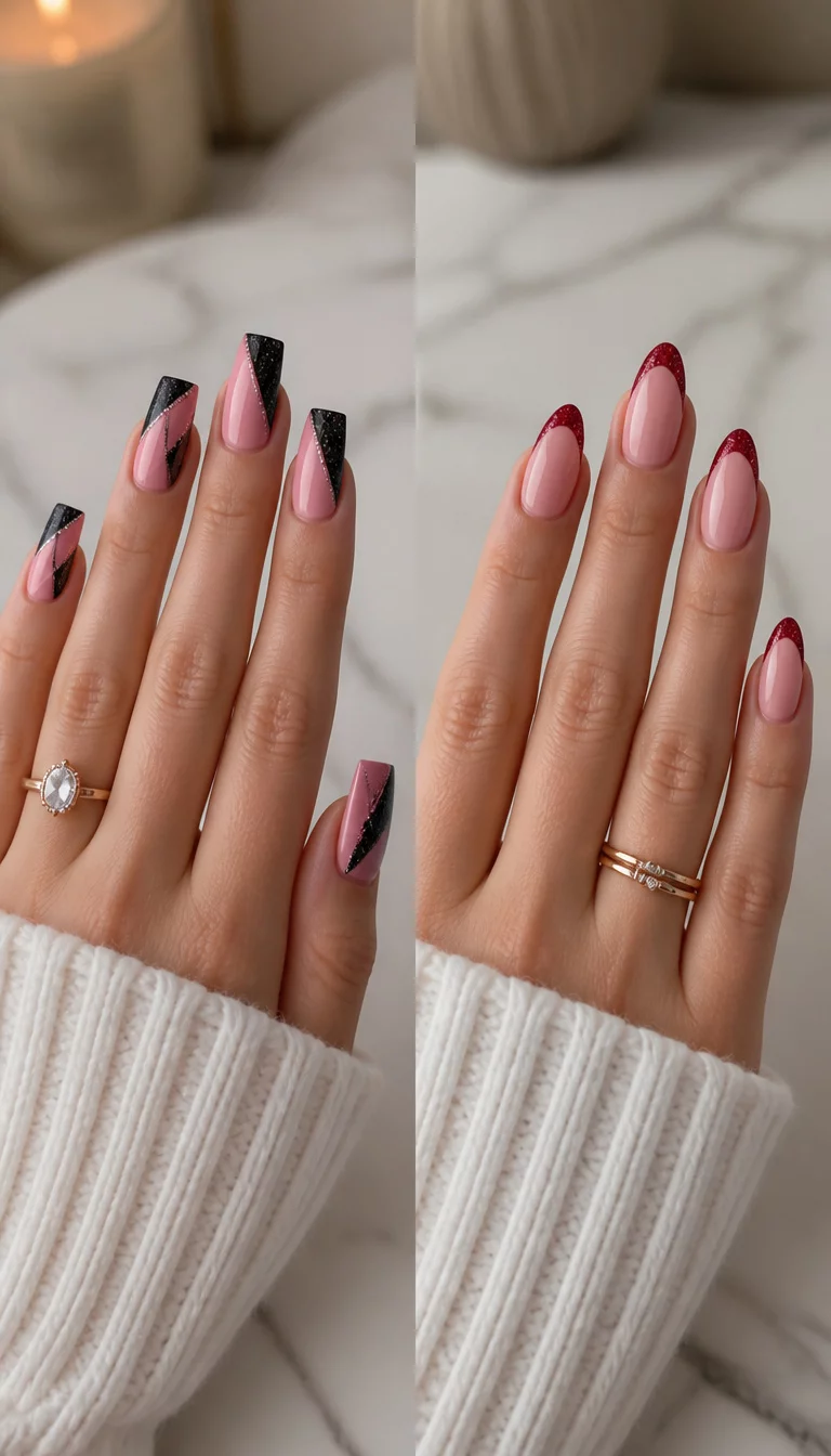 Glitter Diagonal Contrast close-up shot of a woman’s hand with five fingers showing nails with square-shaped nails with a pink and black glitter diagonal design on the left, and almond-shaped nails with a pink base and deep red glitter French tips on the right, soft-focus indoor setting on a marble surface and white sweater.