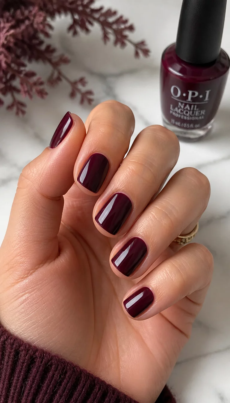 Deep Burgundy Shine close-up shot of a woman’s hand with five fingers showing nails with short, square-shaped nails painted in a deep, glossy burgundy color, bottle of professional nail polish in the background.