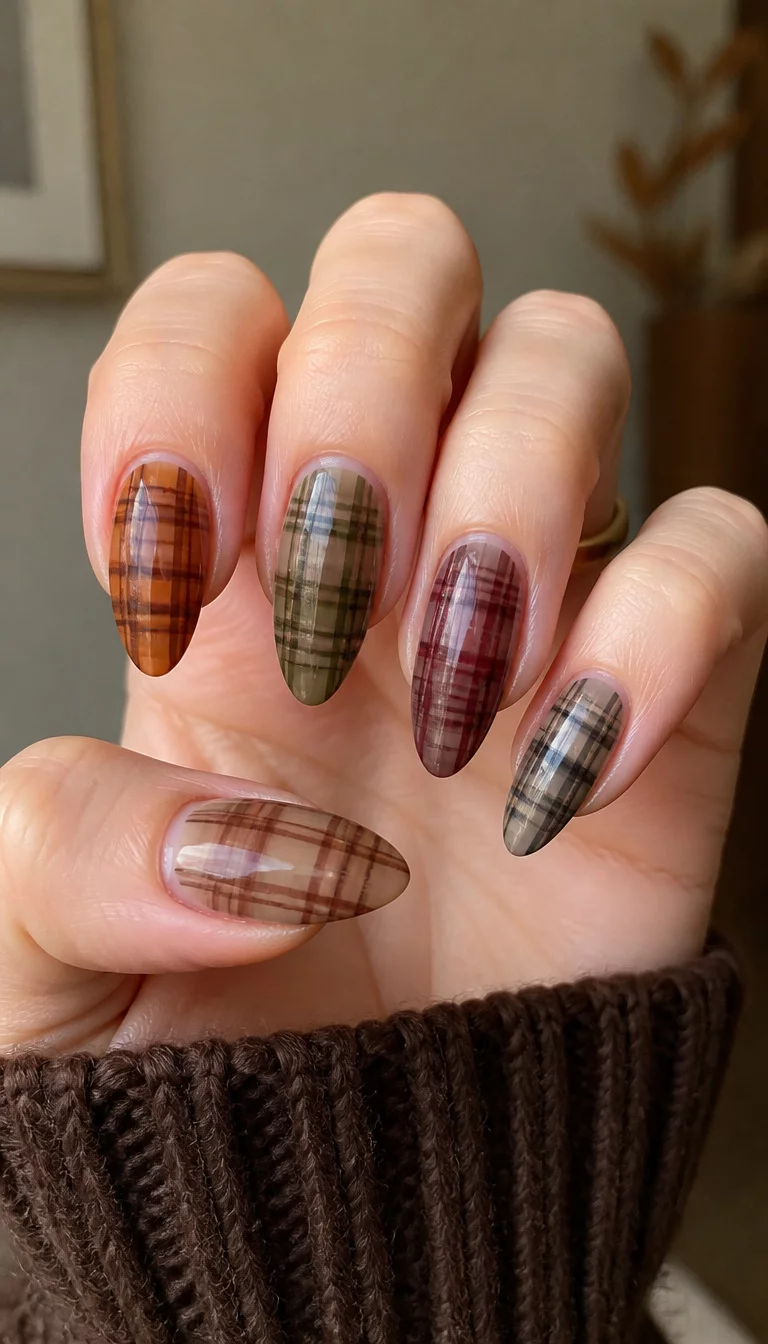 Translucent Autumn Plaid close-up shot of a woman’s hand with five fingers showing nails with long, almond-shaped nails featuring a translucent plaid design in various autumnal colors, indoor setting with soft neutral lighting.