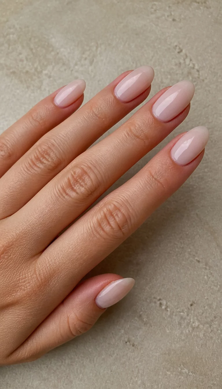 Milky Pink Gel Glow close-up shot of a woman’s hand with five fingers showing nails with almond-shaped gel nails with a sheer milky pink polish, textured neutral-colored surface.