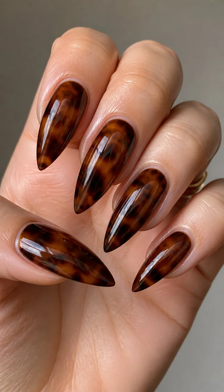 close-up shot of a woman’s hand with five fingers showing long, stiletto-shaped nails with a glossy tortoiseshell pattern in shades of brown and black.