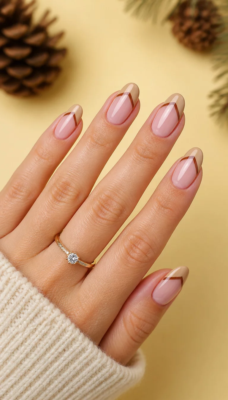 close-up shot of a woman’s hand with five fingers showing oval nails with a latte-colored French tip and a brown V-shaped design, soft yellow background with pine cones.