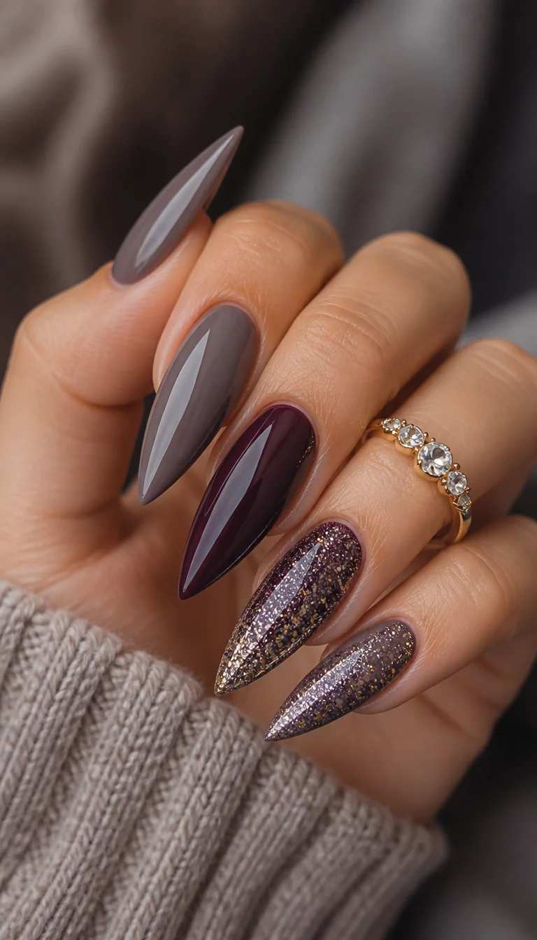 close-up shot of a woman’s hand with five fingers showing stiletto nails with a blend of taupe and deep plum, featuring a glittery texture on accent nails, gold ring with stones on a finger.