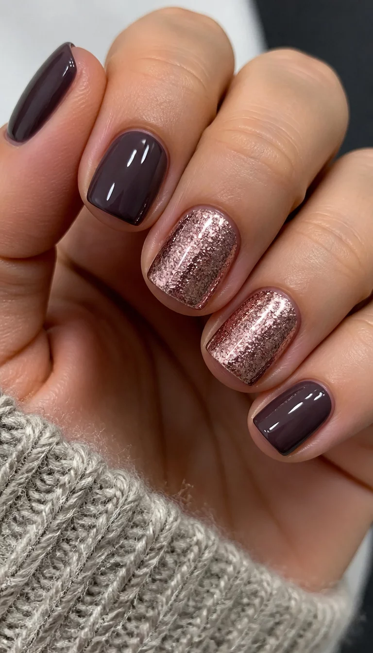 close-up shot of a woman’s hand with five fingers showing short, square nails in deep grey-purple with rose gold glitter accent nails.