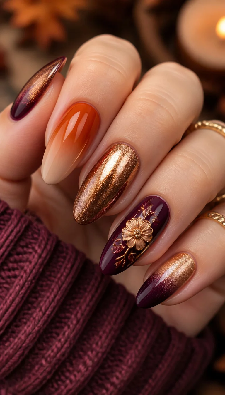 close-up shot of a woman’s hand with five fingers showing almond-shaped nails with a rich autumnal color palette, ombre effects, and metallic finishes with a floral embellishment.