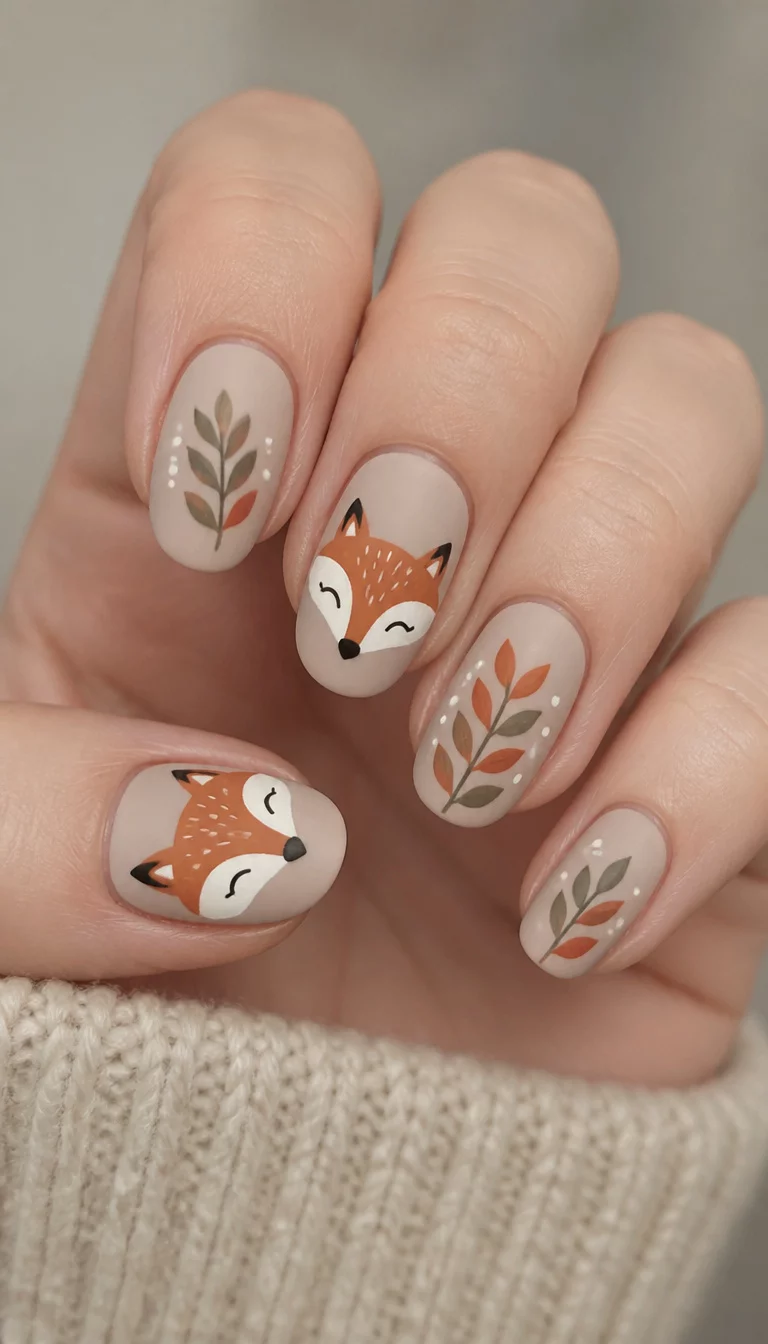 close-up shot of a woman’s hand with five fingers showing matte nails with fox-face designs and leaf patterns on a neutral base.