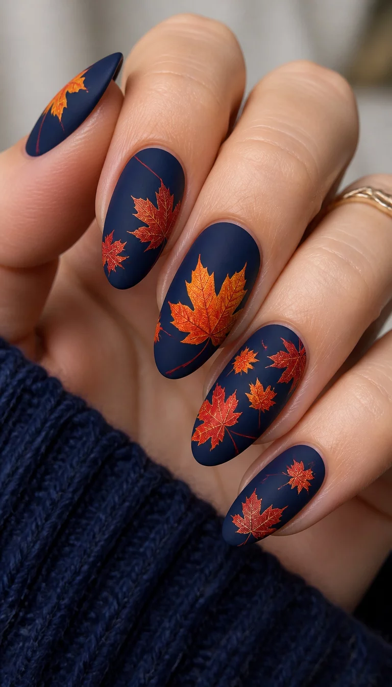 close-up shot of a woman’s hand with five fingers showing almond-shaped nails in matte navy blue with detailed orange and red maple leaf designs.