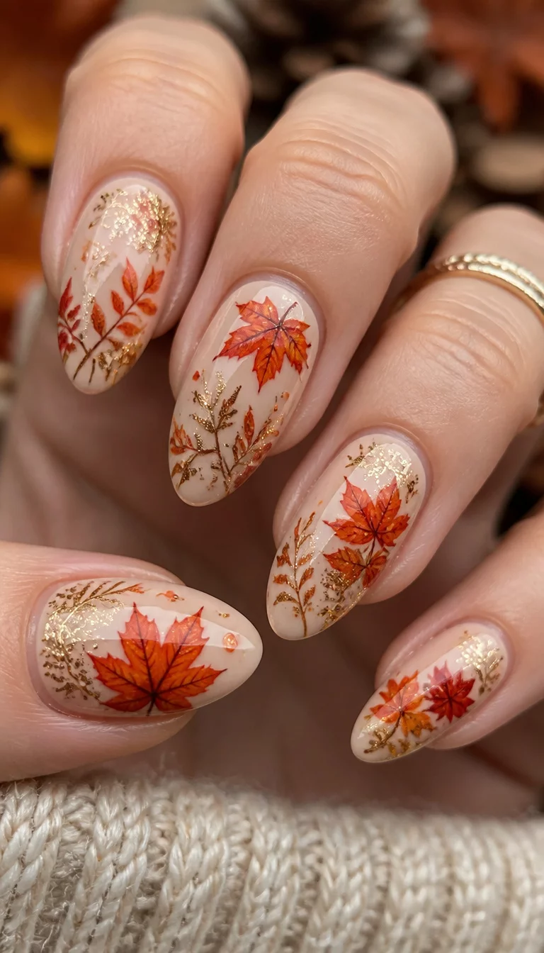 close-up shot of a woman’s hand with five fingers showing almond-shaped nails with detailed autumn leaf designs in orange and red, gold glitter accents on a pale beige base.