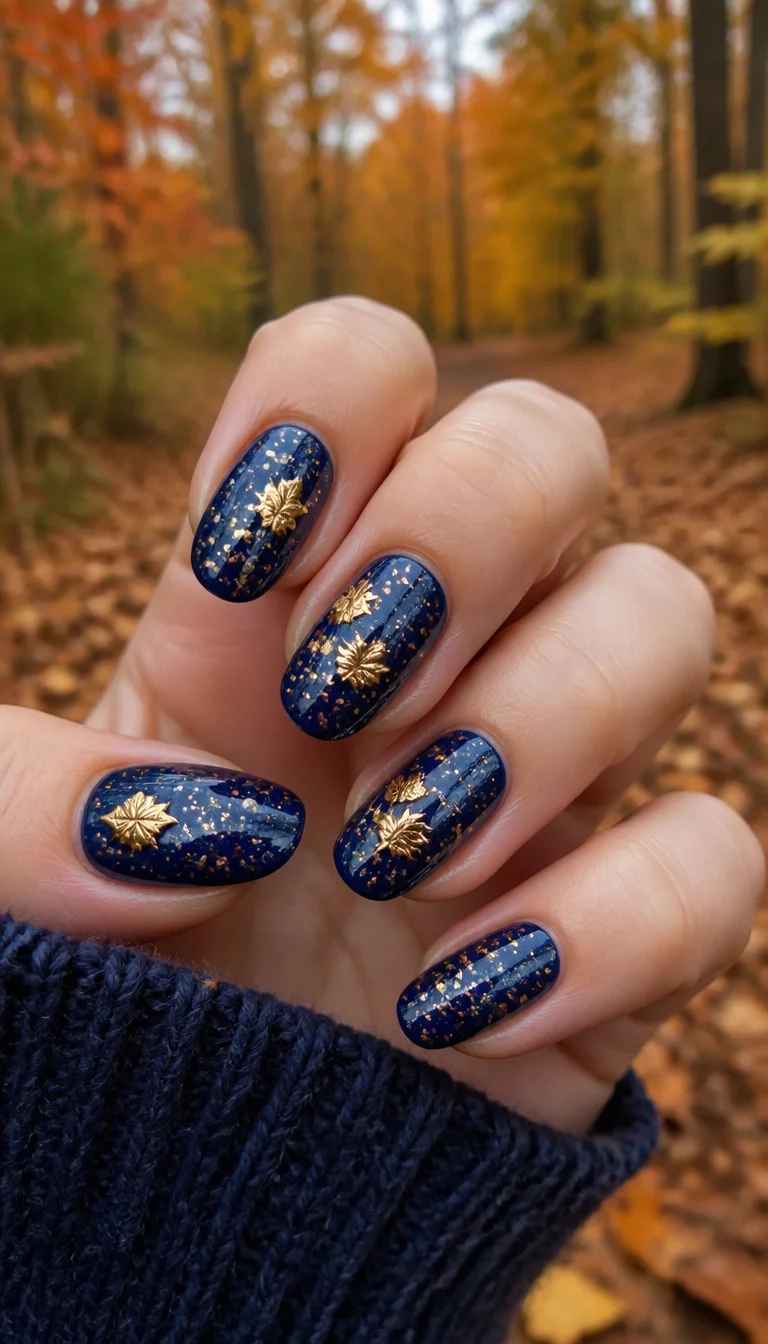close-up shot of a woman’s hand with five fingers showing oval nails with a dark blue base, scattered glitter, and metallic leaf-shaped embellishments, autumn forest background.
