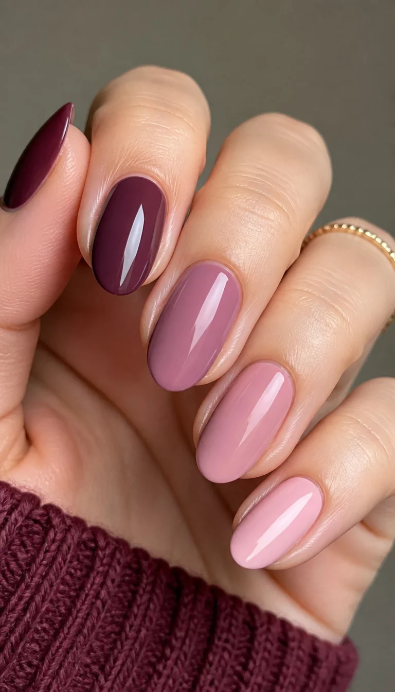 close-up shot of a woman’s hand with five fingers showing oval nails with a gradient of deep burgundy, dusty mauve, and light pink.