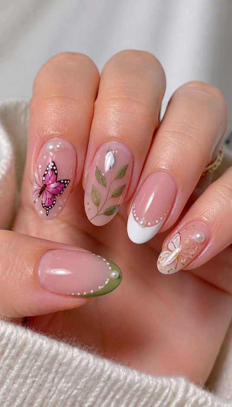 close-up shot of a woman’s hand with five fingers showing various nail art including butterflies, leaves, and French tips with dots and small pearl accents.