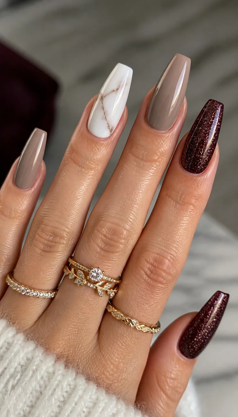 close-up shot of a woman’s hand with five fingers showing coffin-shaped nails with a mix of solid taupe, white marble effect, and deep burgundy glitter, gold rings on the fingers.