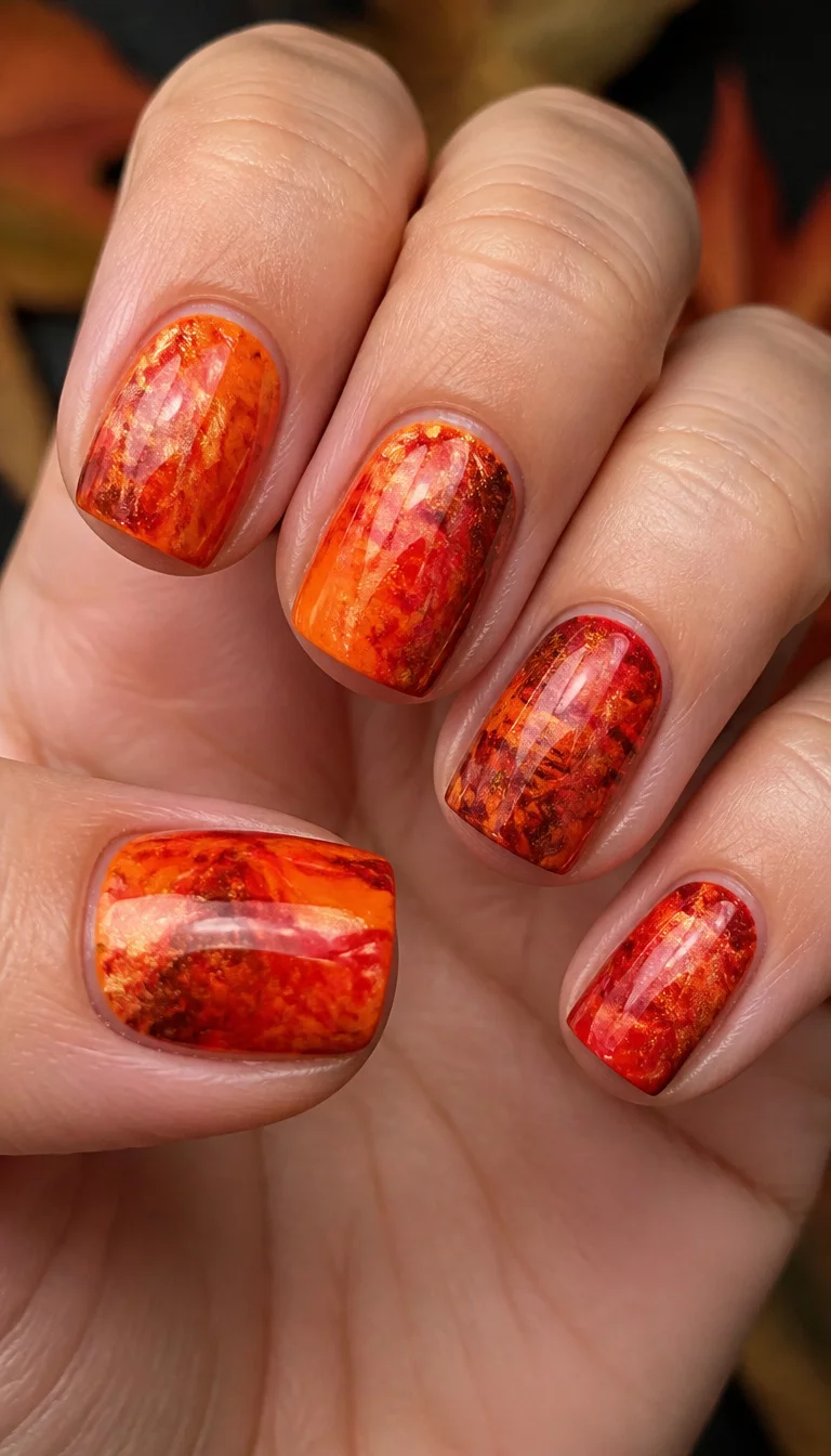 close-up shot of a woman’s hand with five fingers showing short square nails with a vibrant abstract design resembling marbled fire or autumn leaves in shades of orange and red.