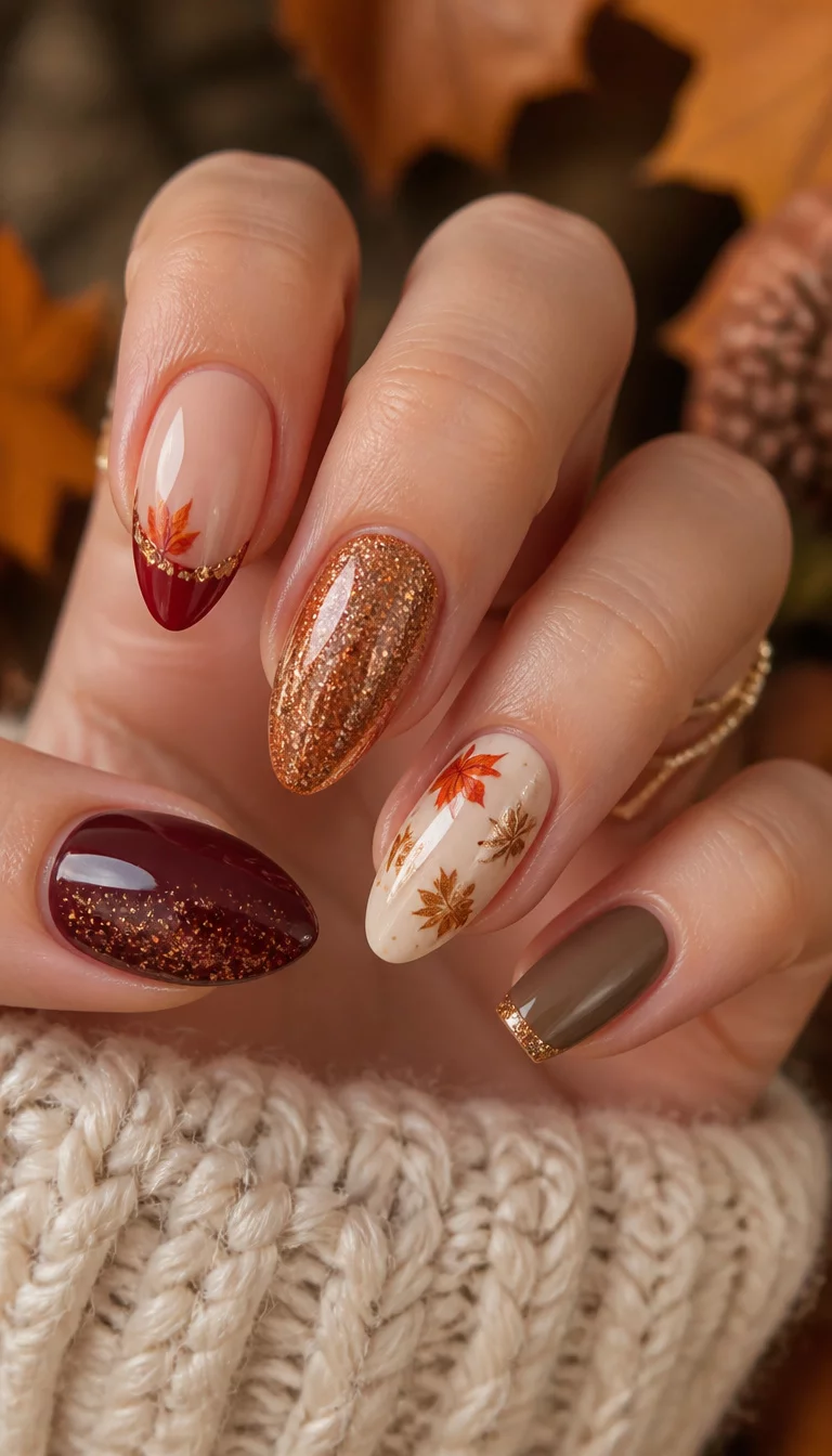 close-up shot of a woman’s hand with five fingers showing variety of fall-themed designs including French tips with leaf patterns and glitter accents on various nail shapes.