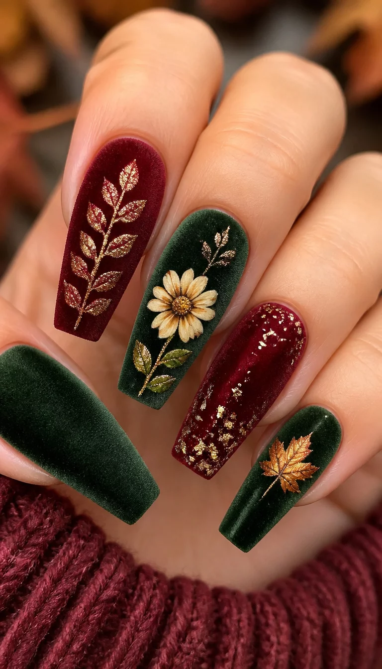 close-up shot of a woman’s hand with five fingers showing coffin-shaped nails with velvet textures in deep red and green, fall leaf and daisy designs, gold glitter accents.
