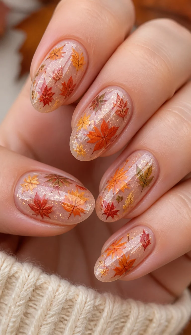 close-up shot of a woman’s hand with five fingers showing oval nails with a pattern of colorful autumn leaves on a sheer, shimmering background.