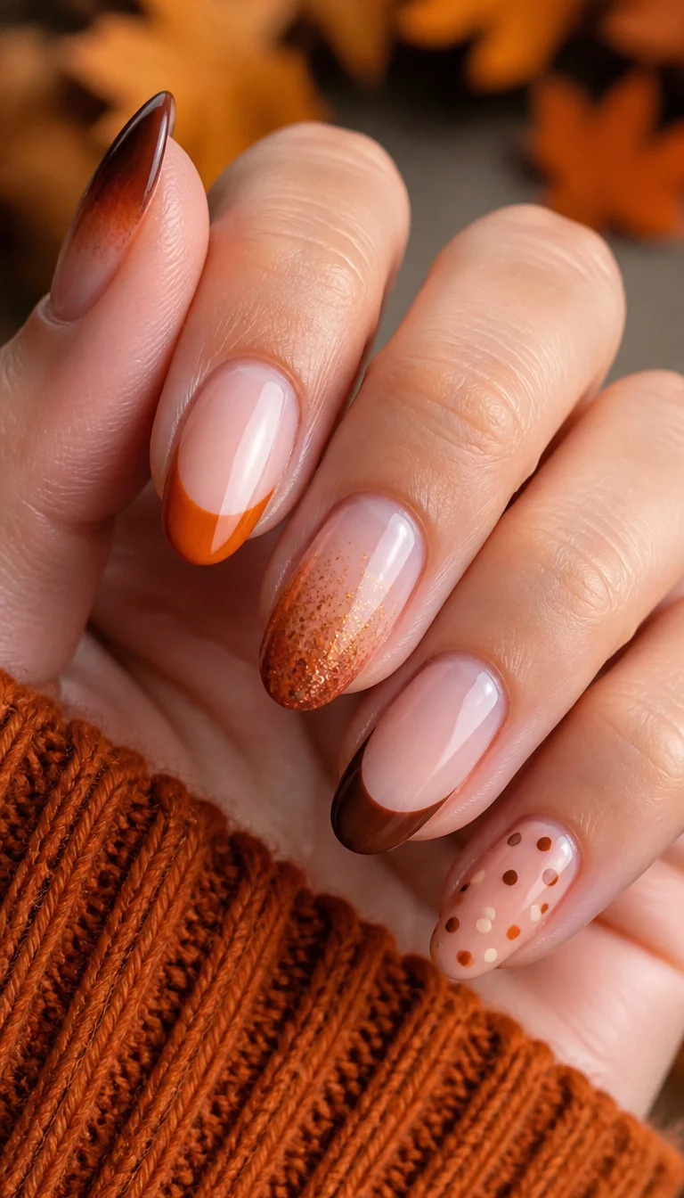 close-up shot of a woman’s hand with five fingers showing four different fall designs with gradient tips, French tips in orange and brown, and polka dot accents.