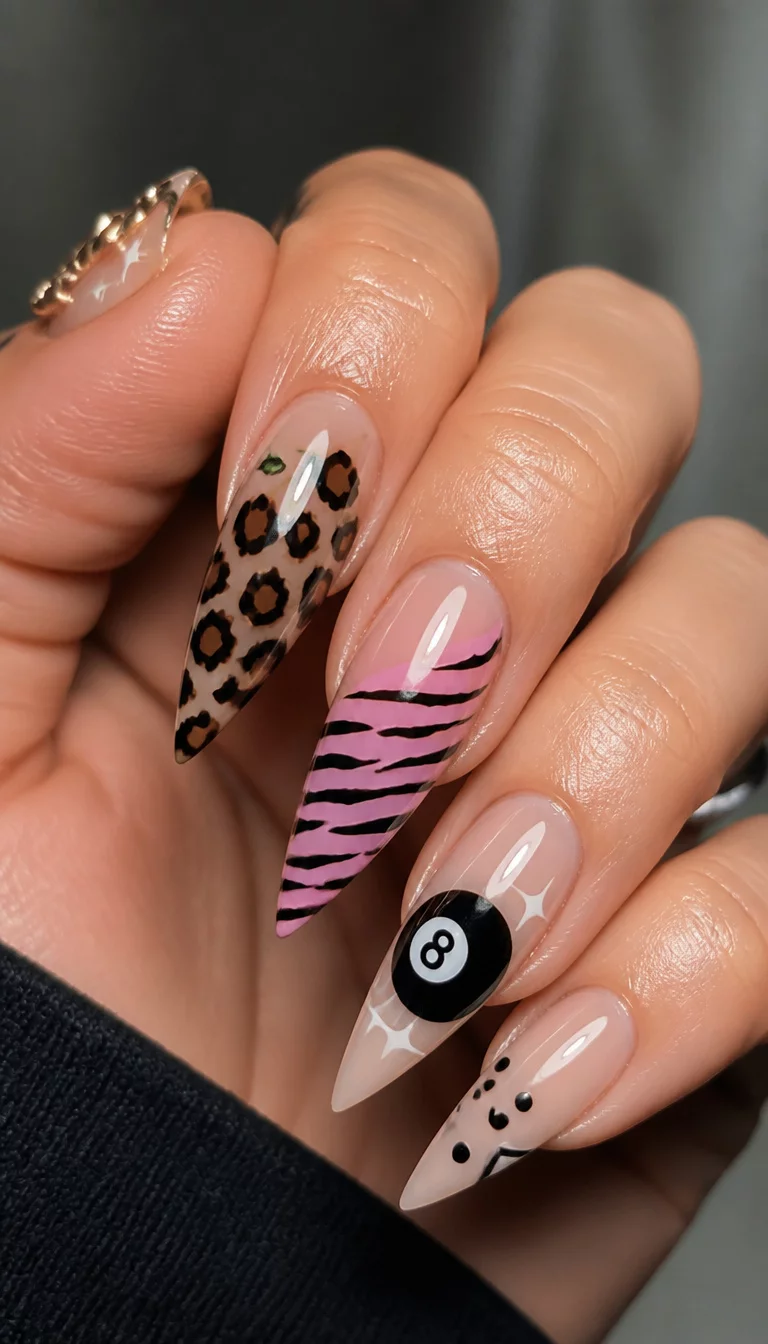 close-up shot of a woman’s hand with five fingers showing stiletto nails with cherry designs, leopard print, pink tiger stripes, and a pool ball design on a sheer base.