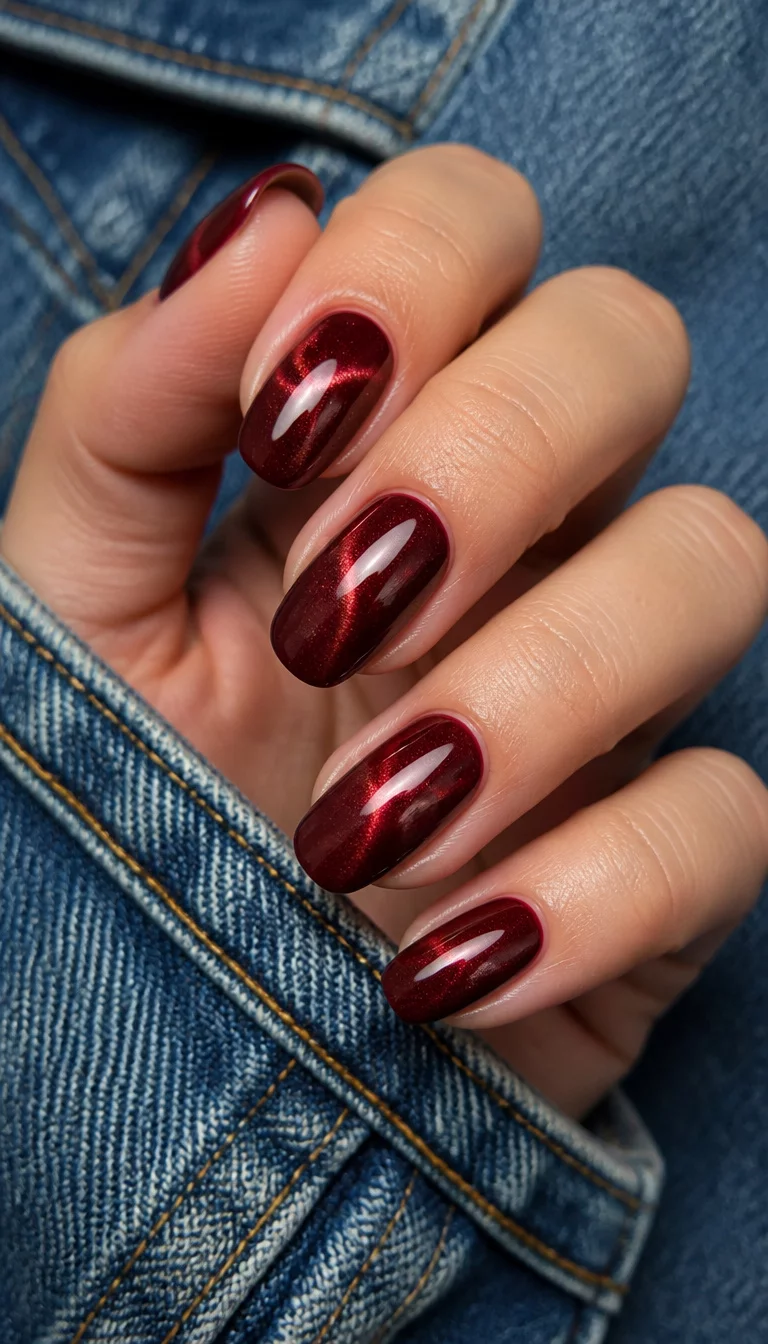 close-up shot of a woman’s hand with five fingers showing oval nails in a deep, rich burgundy with a subtle cat-eye magnetic effect, wearing a gold ring, denim background.