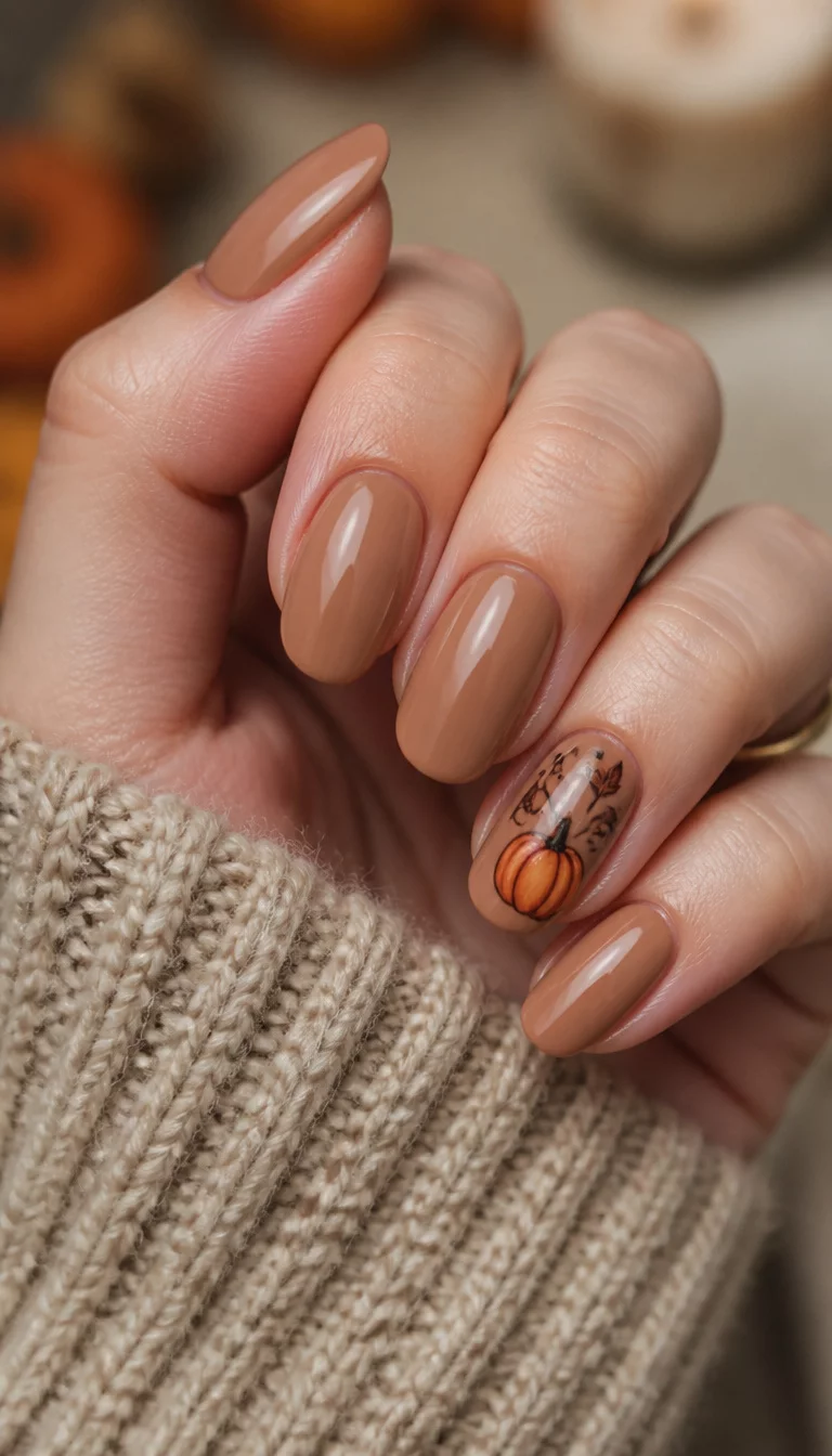 close-up shot of a woman’s hand with five fingers showing oval shaped nails in a warm tan color with one nail featuring a hand painted pumpkin with black vines, out of focus background.