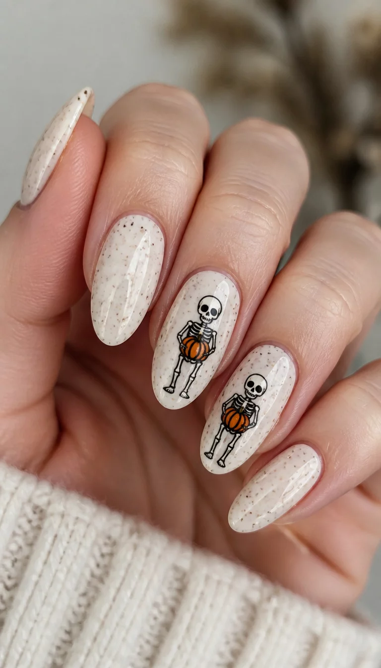 close-up shot of a woman’s hand with five fingers showing almond-shaped speckled cream nails with a small skeleton holding a pumpkin on specific digits.