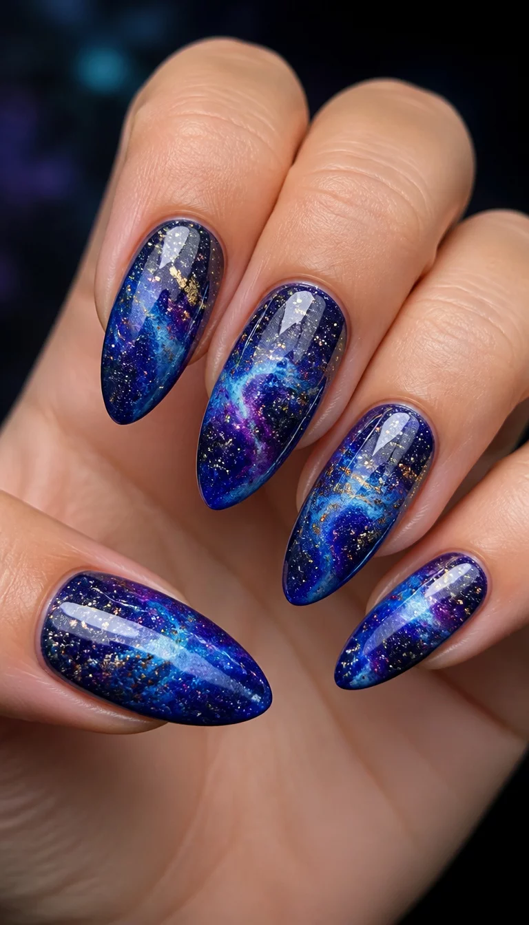 close-up shot of a woman’s hand with five fingers showing almond-shaped nails with a galaxy effect of swirling blues, purples, and gold flecks.