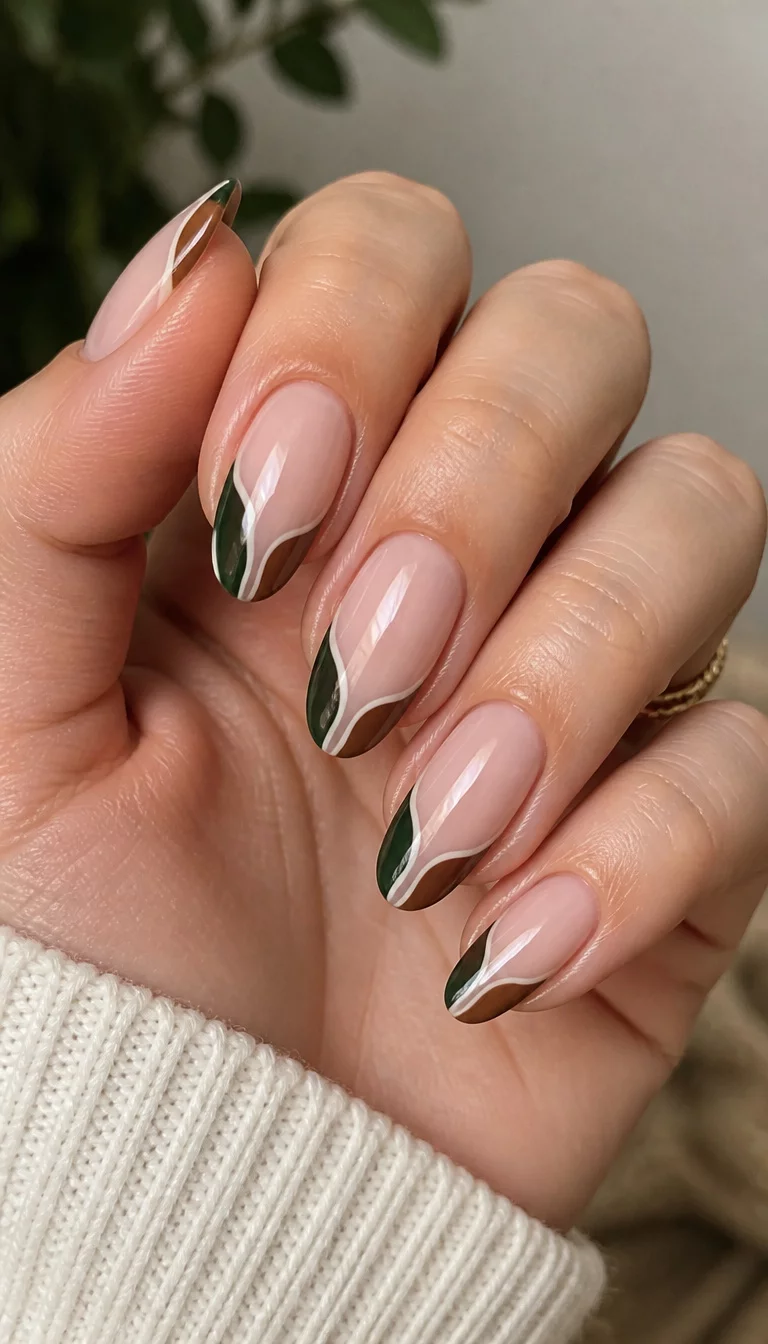 close-up shot of a woman’s hand with five fingers showing almond-shaped nails with a French tip design featuring abstract waves in forest green and brown.