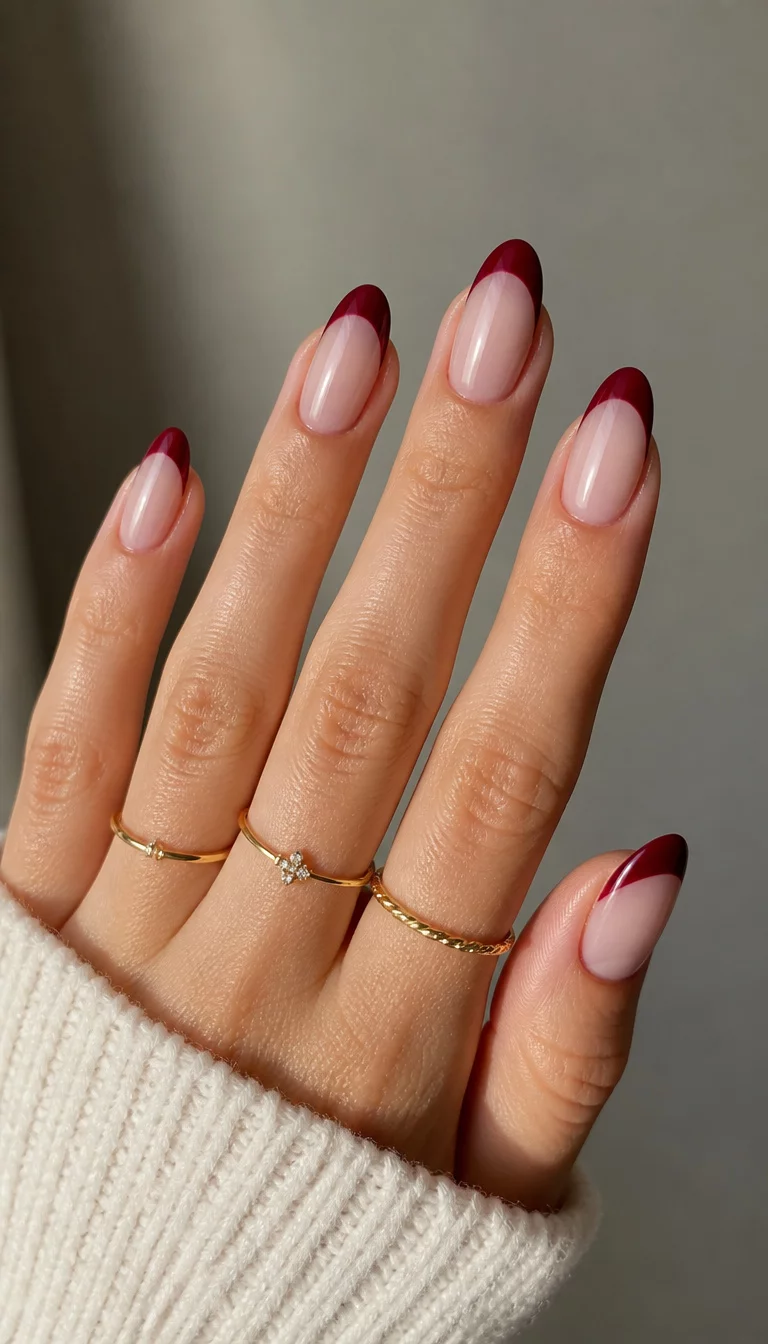 close-up shot of a woman’s hand with five fingers showing almond-shaped nails with a deep red French tip on a sheer base, delicate rings on fingers.