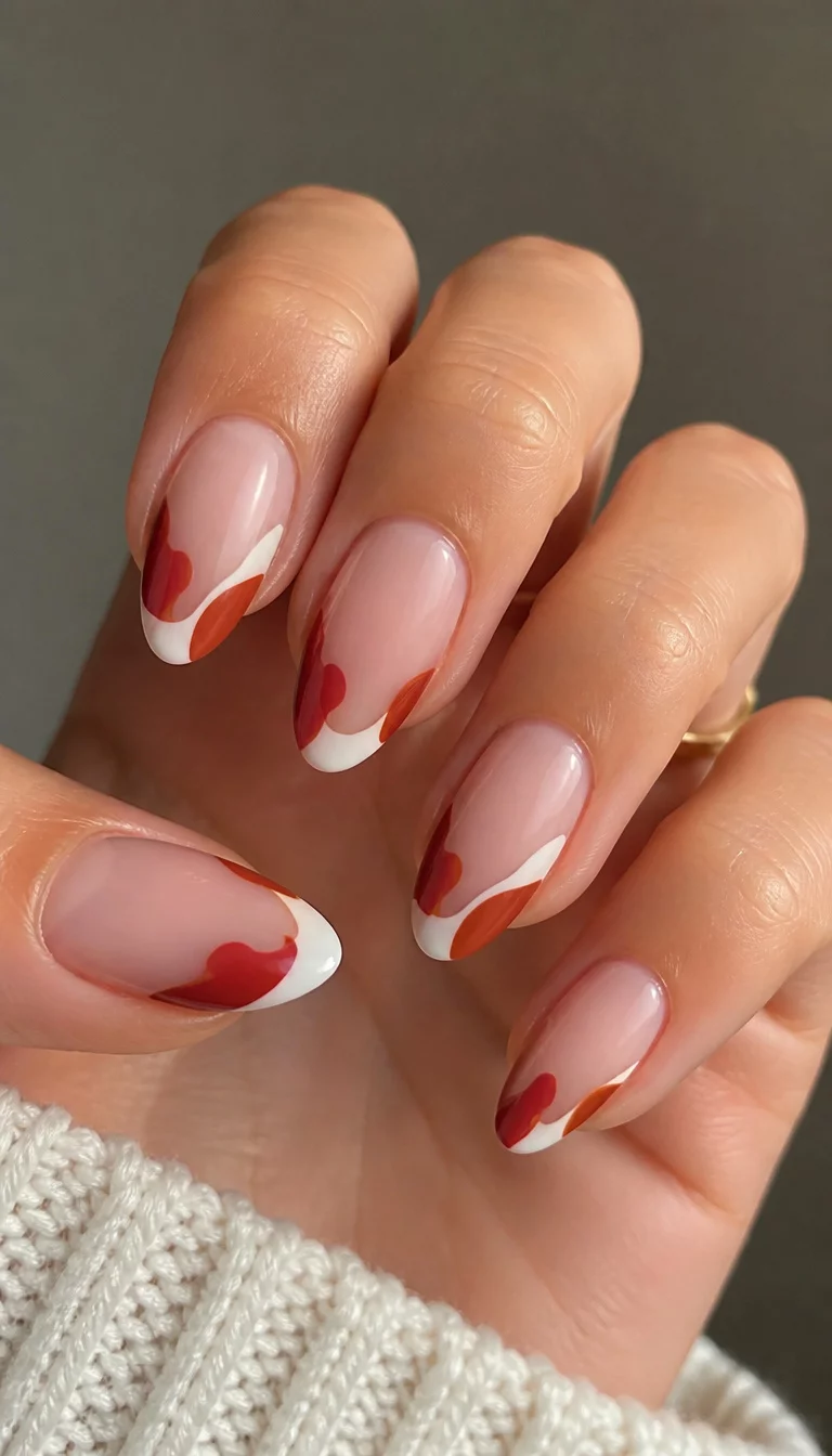 close-up shot of a woman’s hand with five fingers showing almond-shaped nails with a French tip design featuring red and rust-colored abstract shapes.