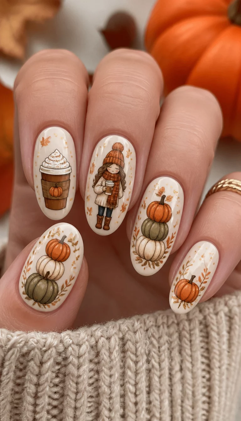 close-up shot of a woman’s hand with five fingers showing oval nails with pumpkin stacks, a pumpkin spice latte, and a fall character.