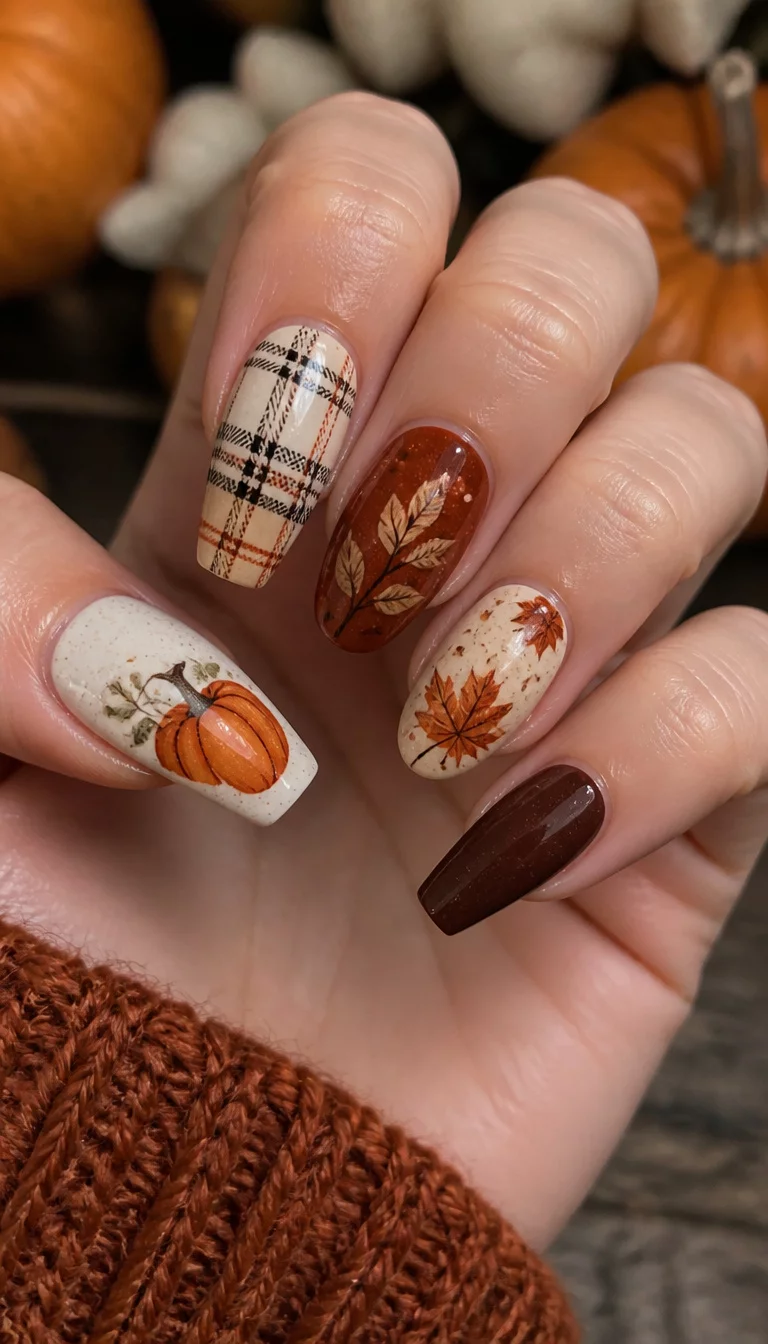 close-up shot of a woman’s hand with five fingers showing a mix of coffin nails with pumpkins and plaid, and oval nails with leaf designs.