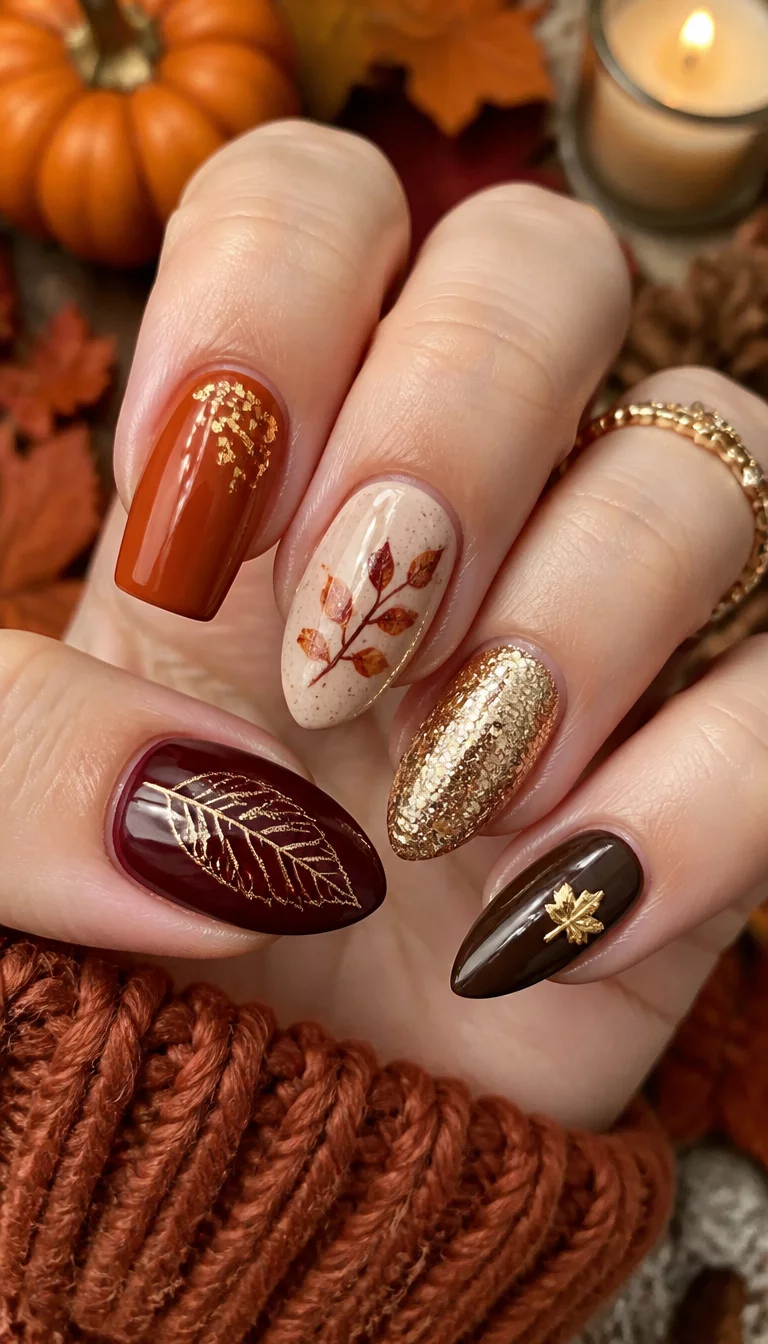 close-up shot of a woman’s hand with five fingers showing mixed-shape nails in autumn colors with leaf designs and glitter accents, fall elements background.