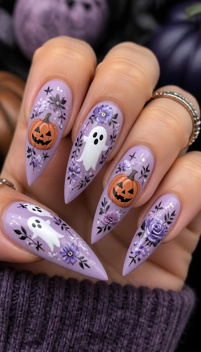 close-up shot of a woman’s hand with five fingers showing stiletto nails in light purple with ghosts, pumpkins, and floral motifs.