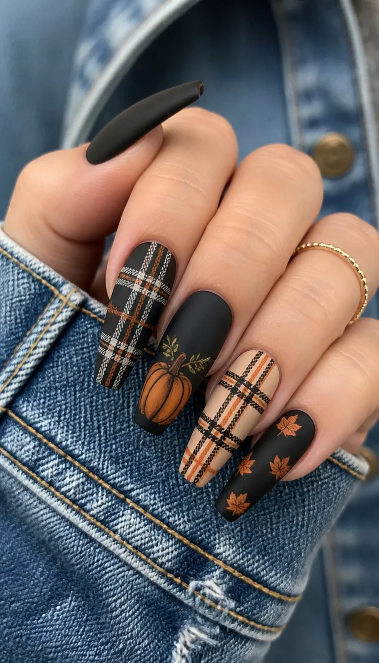 close-up shot of a woman’s hand with five fingers showing matte black and plaid coffin nails with pumpkin designs and autumnal patterns, denim jacket in the background.