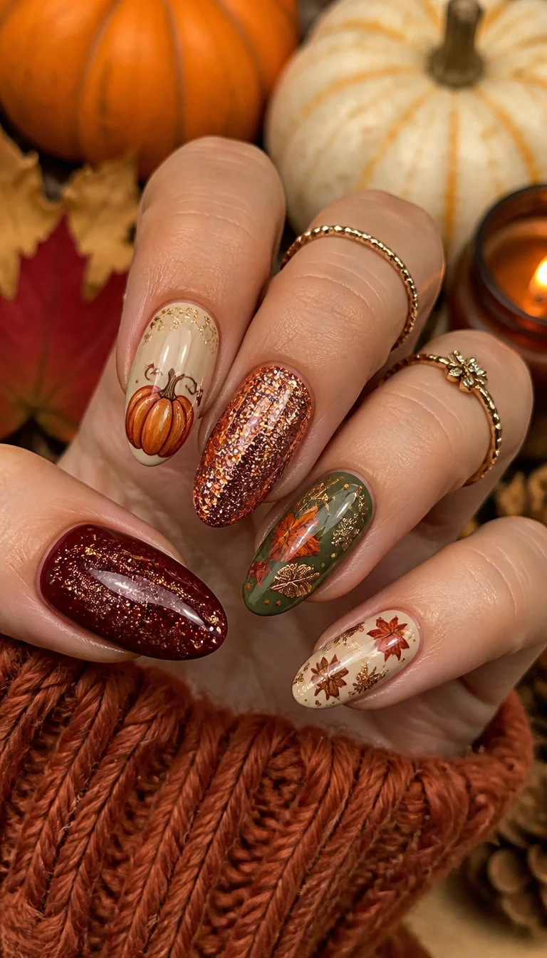 close-up shot of a woman’s hand with five fingers showing a collection of autumn-themed nails with pumpkins, leaves, and glitter, fall decor background.